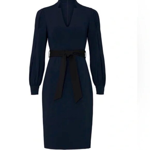 BADGLEY MISCHKA Navy Belted V-Neck Puff Sleeve Sheath Dress Size 2 - Picture 2 of 14
